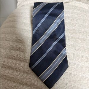 Emporio Armani Dark Blue Tie with Ivory Stripes 100% Silk Made in Italy